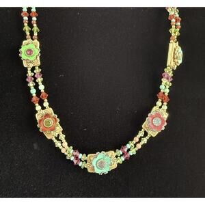 Michal Golan Artisan Floral Beaded Necklace Gold Tone Enamel 16–20”
